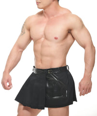 Black spar wrap skirt featuring pleated shorts with a glossy patent leather belt and front pocket detail