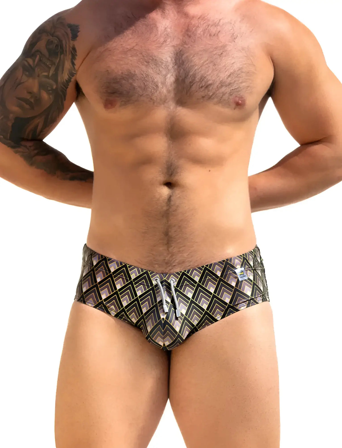 The sparrow swim brief black and gray geometric-patterned swim trunks with drawstring waistband for swimming