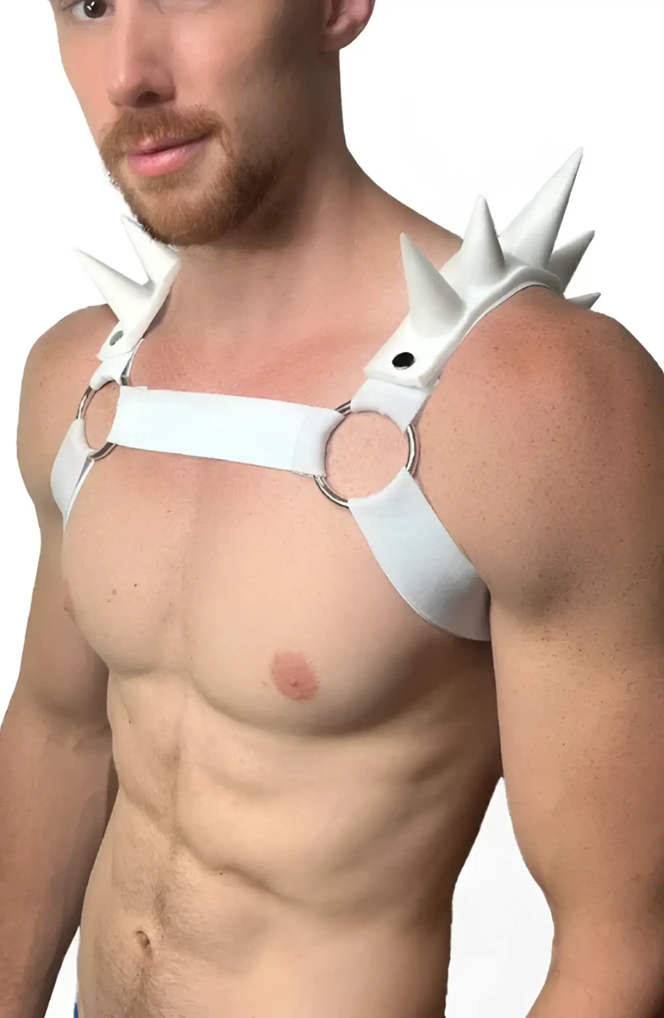 White spiked bulldog harness with leather straps and circular metal rings for durable pet restraint