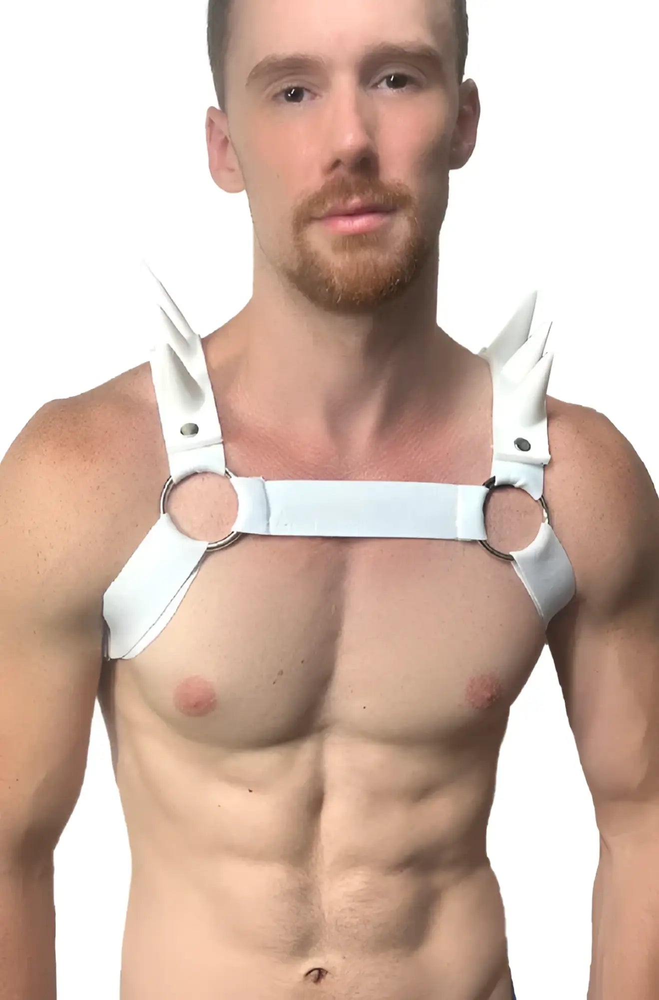 White leather spiked bulldog harness with metal rings and spiked shoulder straps for secure fit and style