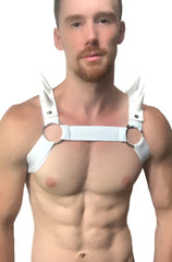 White leather spiked bulldog harness with metal rings and spiked shoulder straps for secure fit and style