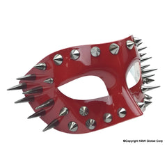 Red glossy half face mask adorned with silver spikes and studs for edgy fashion or costume use