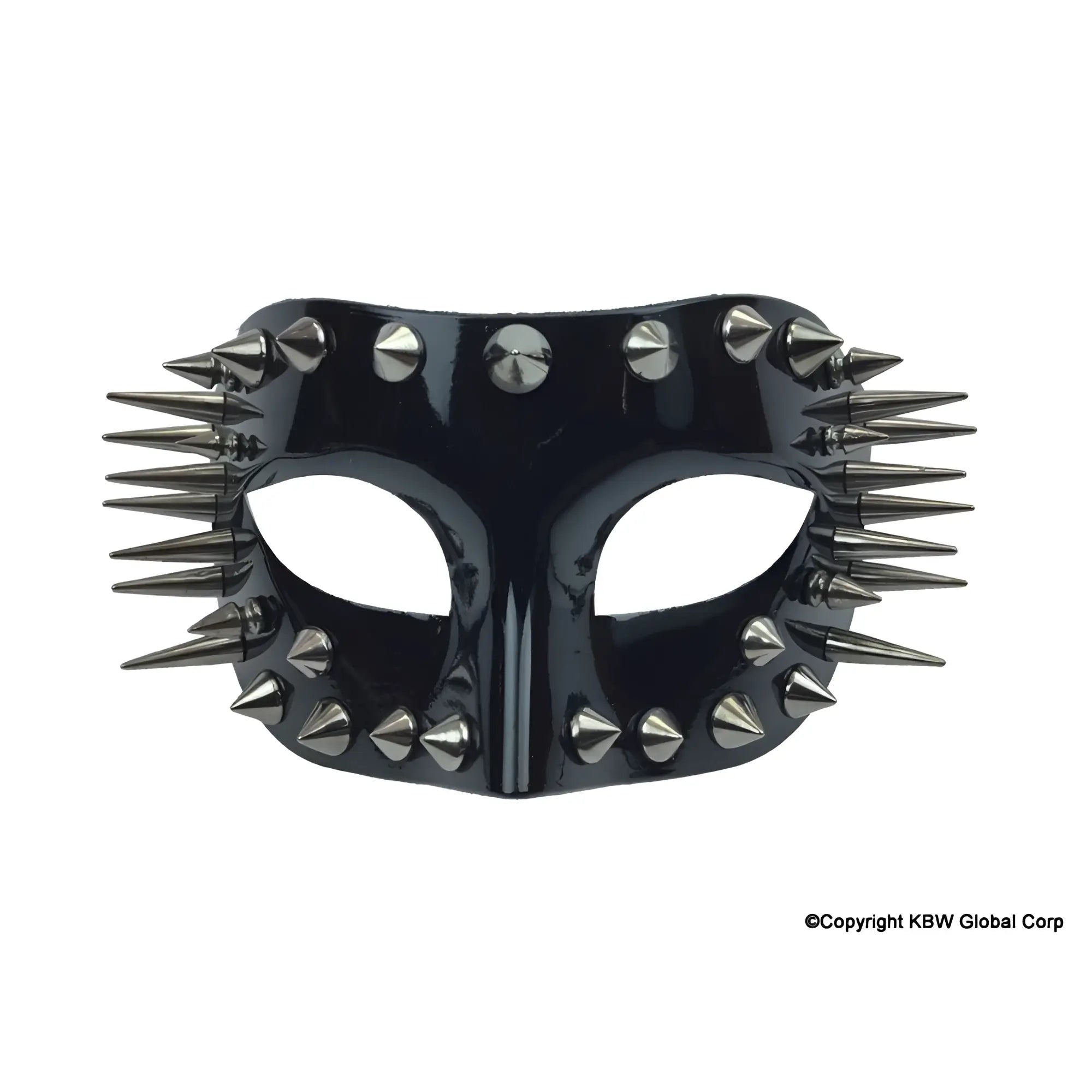 Black glossy half face mask with silver toned spikes designed for edgy fashion in spikes half face mask collection