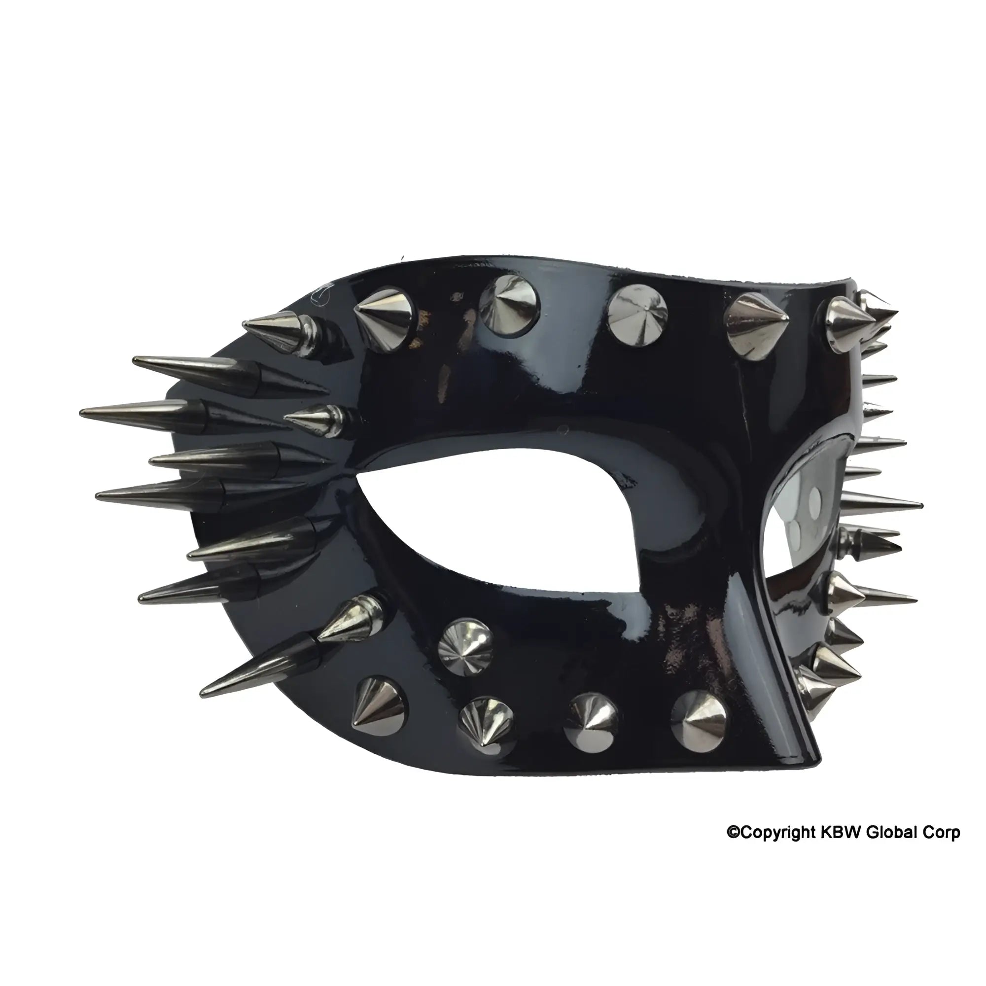 Black glossy leather half face mask with silver toned spikes and studs available in red or black