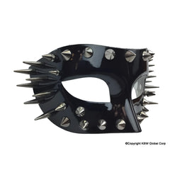Black glossy leather half face mask with silver toned spikes and studs available in red or black