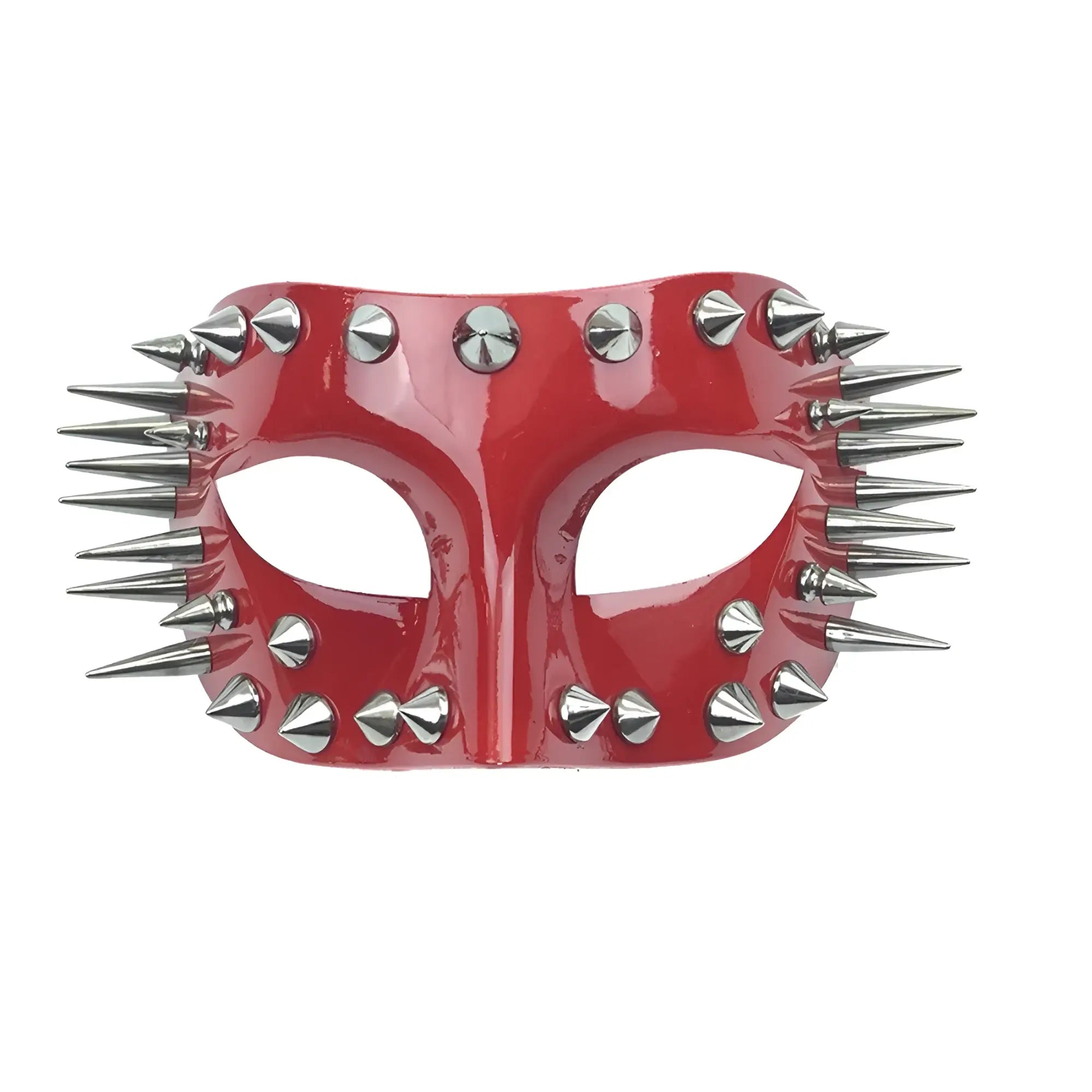 A glossy red spikes half face mask adorned with silver spikes and studs for masquerade events