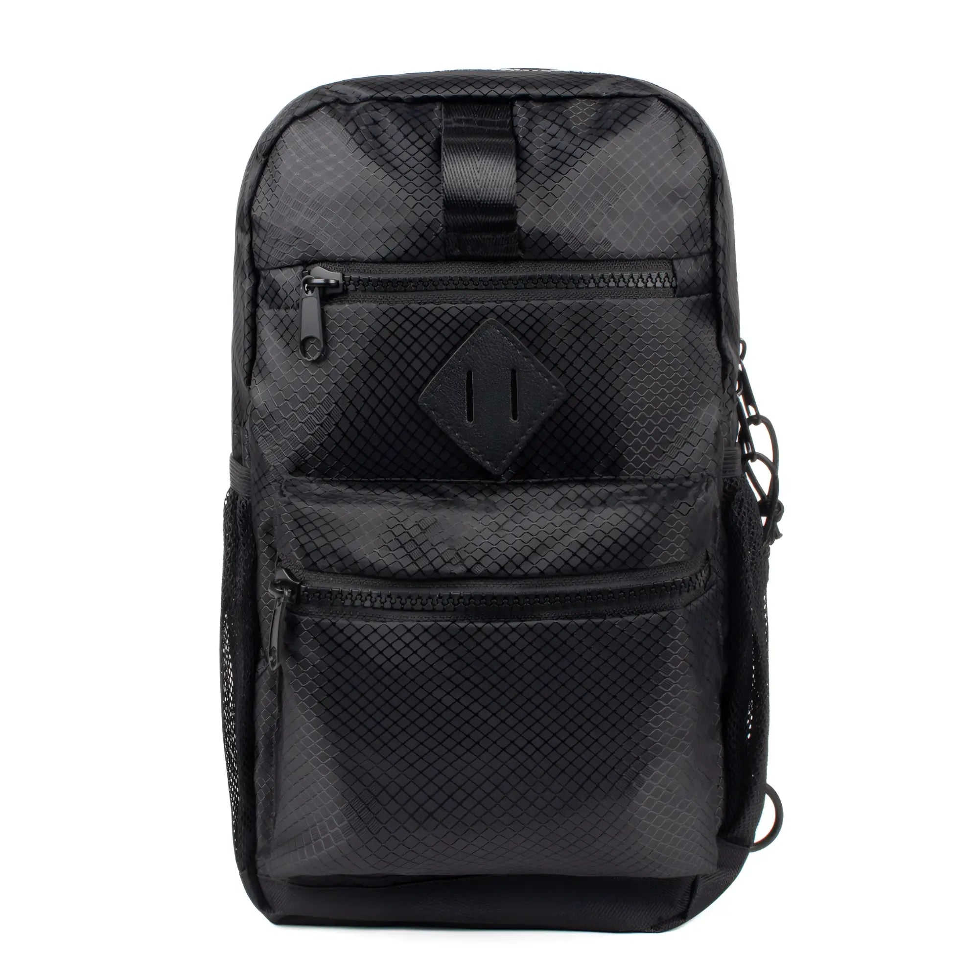 Sport crossbody sling bag in black mesh with diamond patch and multiple zippered compartments for convenience