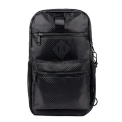 Sport crossbody sling bag in black mesh with diamond patch and multiple zippered compartments for convenience