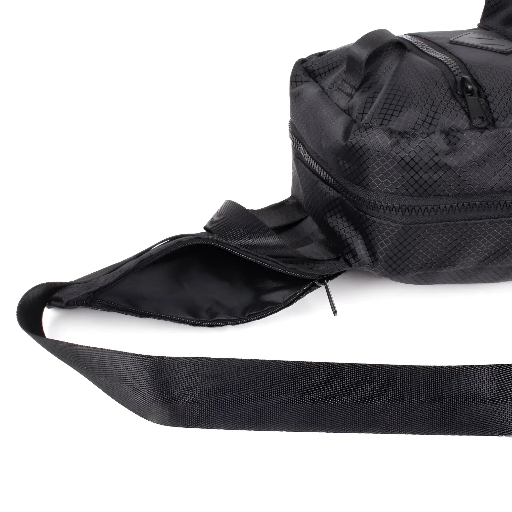 Black mesh-patterned sport crossbody sling bag with wide adjustable strap and multiple zippered compartments