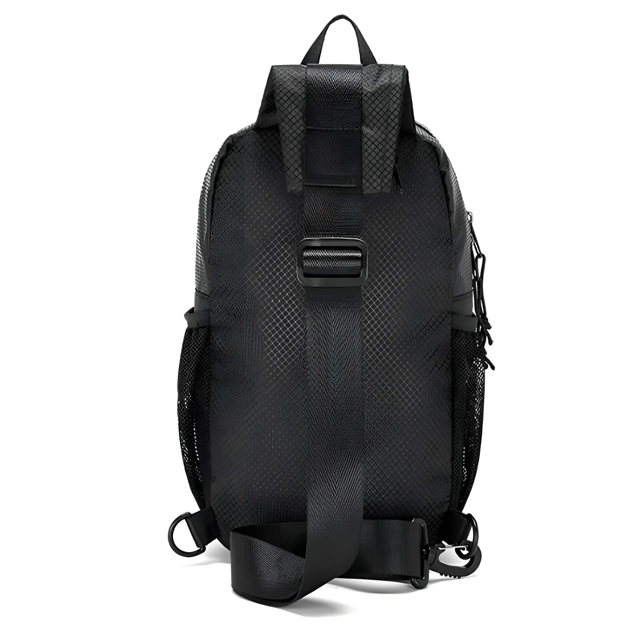 Black mesh sport crossbody sling bag with adjustable strap and side pockets for hands-free carrying