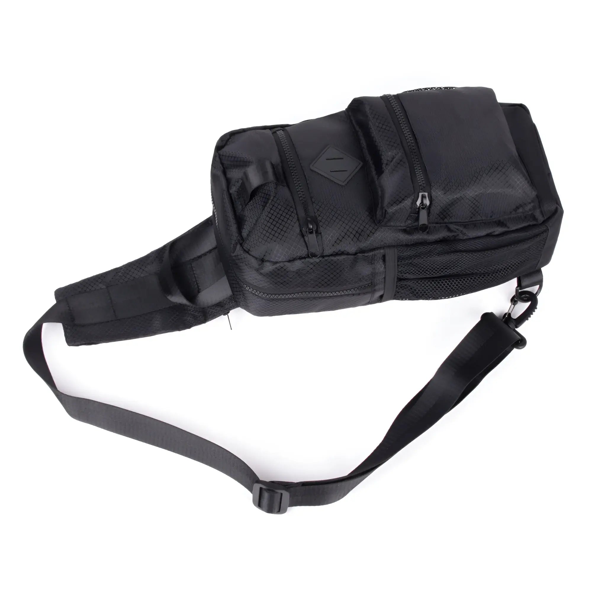 Black tactical sport crossbody sling bag with mesh panels and multiple zippered compartments for secure storage