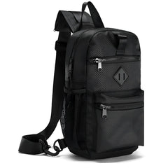 Black textured nylon sport crossbody sling bag with diamond-shaped logo patch and mesh side pockets