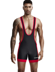Sport wrestling singlet in black and red with bold red trim along straps sides and hem for competitive use