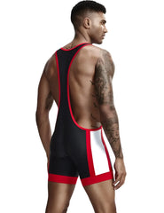 Sport wrestling singlet featuring black and red colors with a white side panel for competitive wrestling use