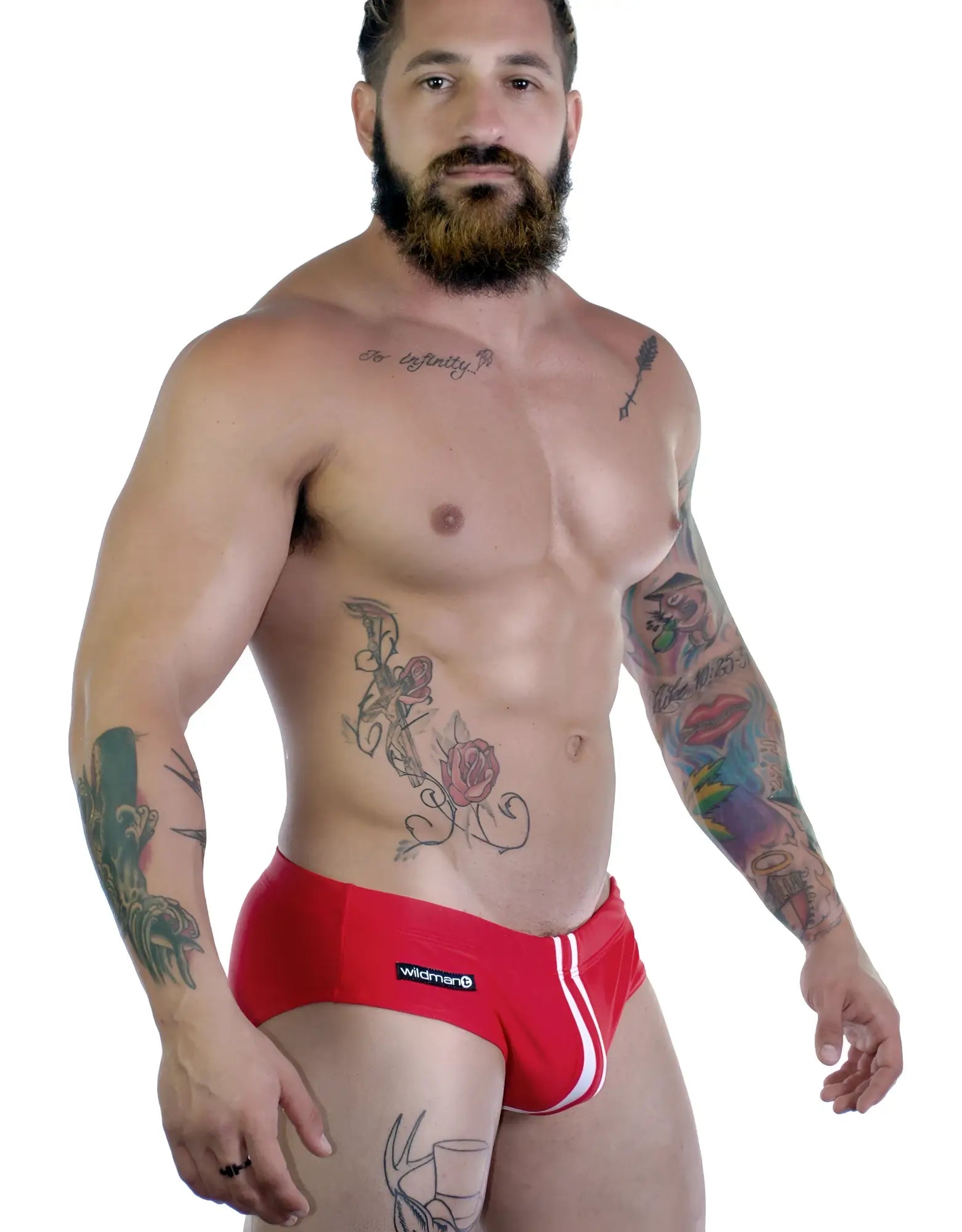 Sportivo bikini red athletic briefs in red with white side stripes and black wildman logo on the waistband