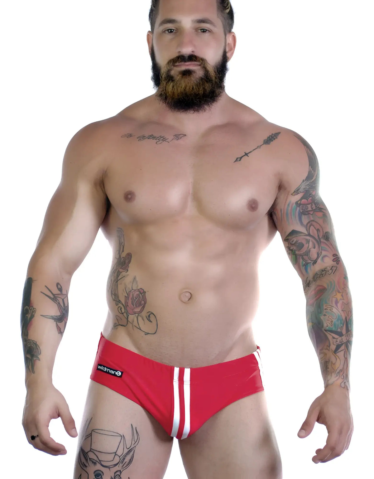 Sportivo bikini red red swim trunks with white side stripes and black brand logo on the left hip