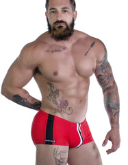 Sportivo square cut red athletic briefs with black and white side stripes and a mesh panel on the left leg
