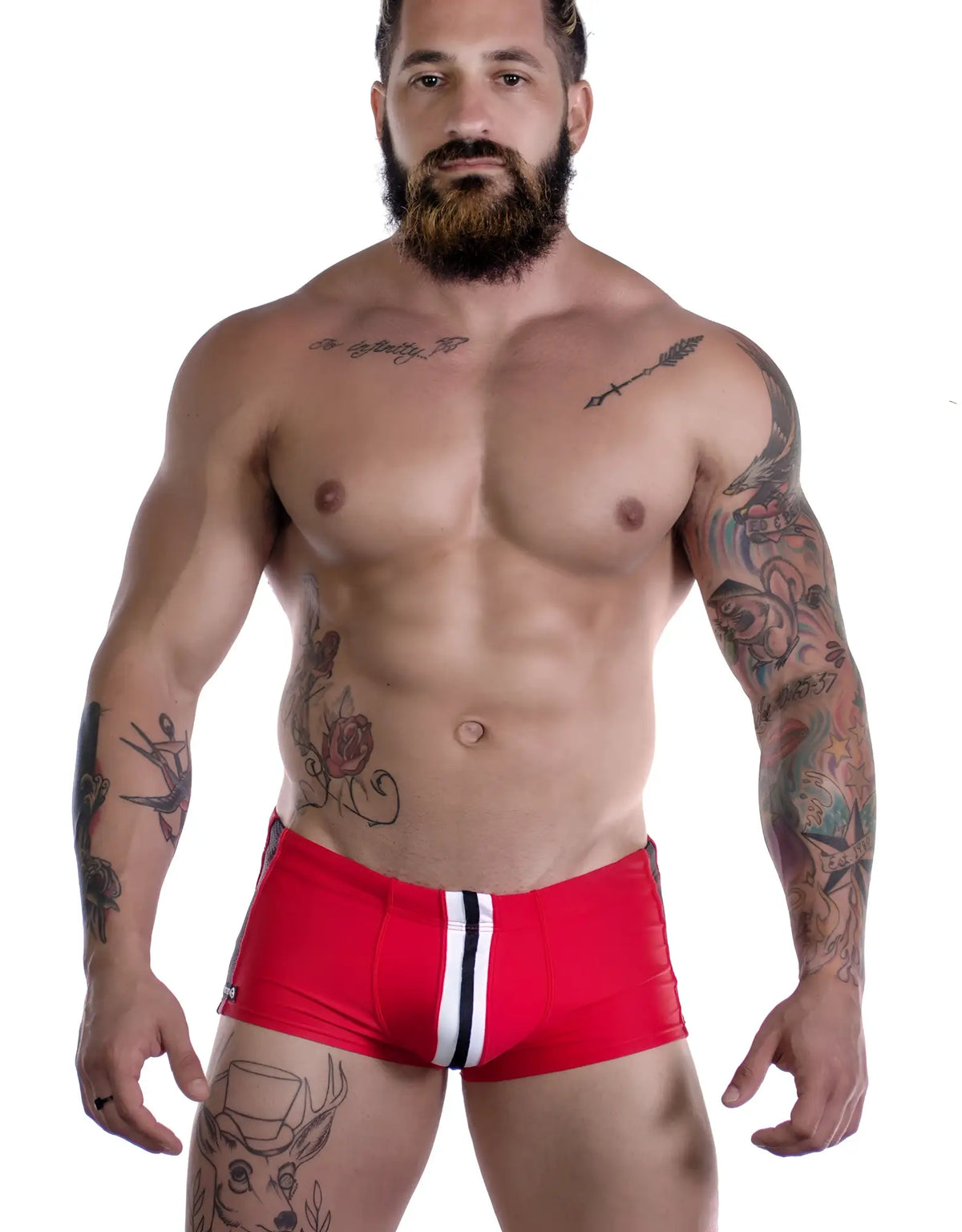 Sportivo square cut red swim trunks with white and black vertical stripe down the side for active water use