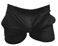 Black mesh athletic shorts with a snug elastic waistband designed for sports and active wear