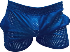 Blue mesh athletic shorts with breathable perforated design for sports and active wear