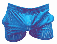 Bright blue sports mesh shorts with a snug elastic waistband made from breathable mesh fabric for athletic use