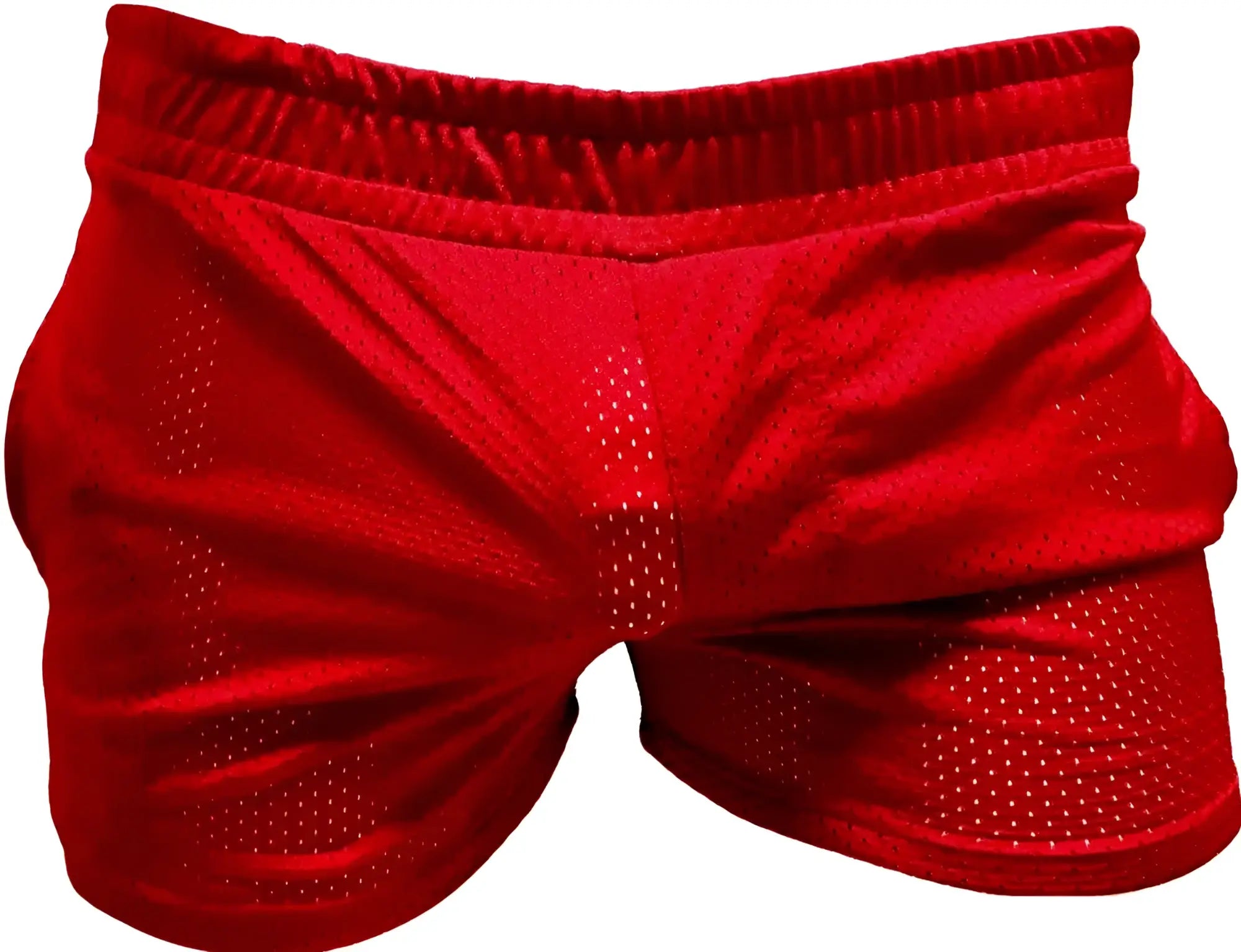 Red athletic sports mesh short made of breathable mesh fabric with elastic waistband for active wear