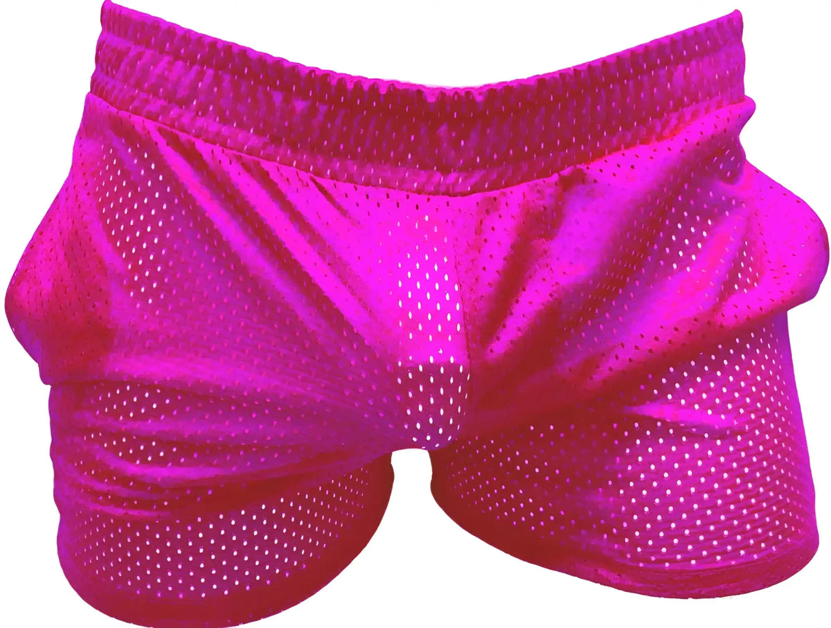 Vibrant fuchsia sports mesh shorts with snug elastic waistband made of breathable mesh material for athletic use