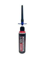Black spout lube shooter bottle with red cap blue nozzle labeled swiss navy premium anal lubricant