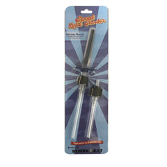 Clear silicone spout lube shooter nozzle with black caps packaged in branded blister pack for precise application
