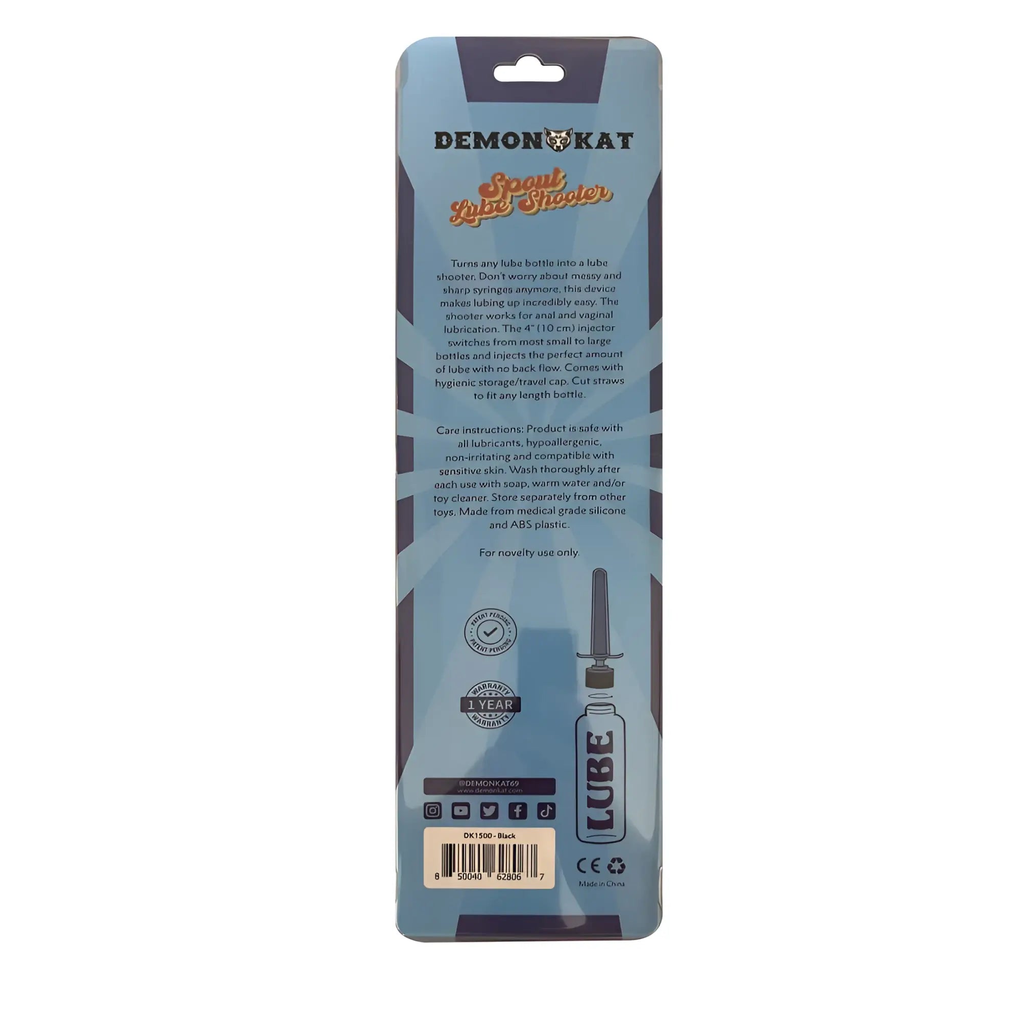 Demon kat spout lube shooter is a sleek black and transparent plastic device designed to inject lubricant into bottles