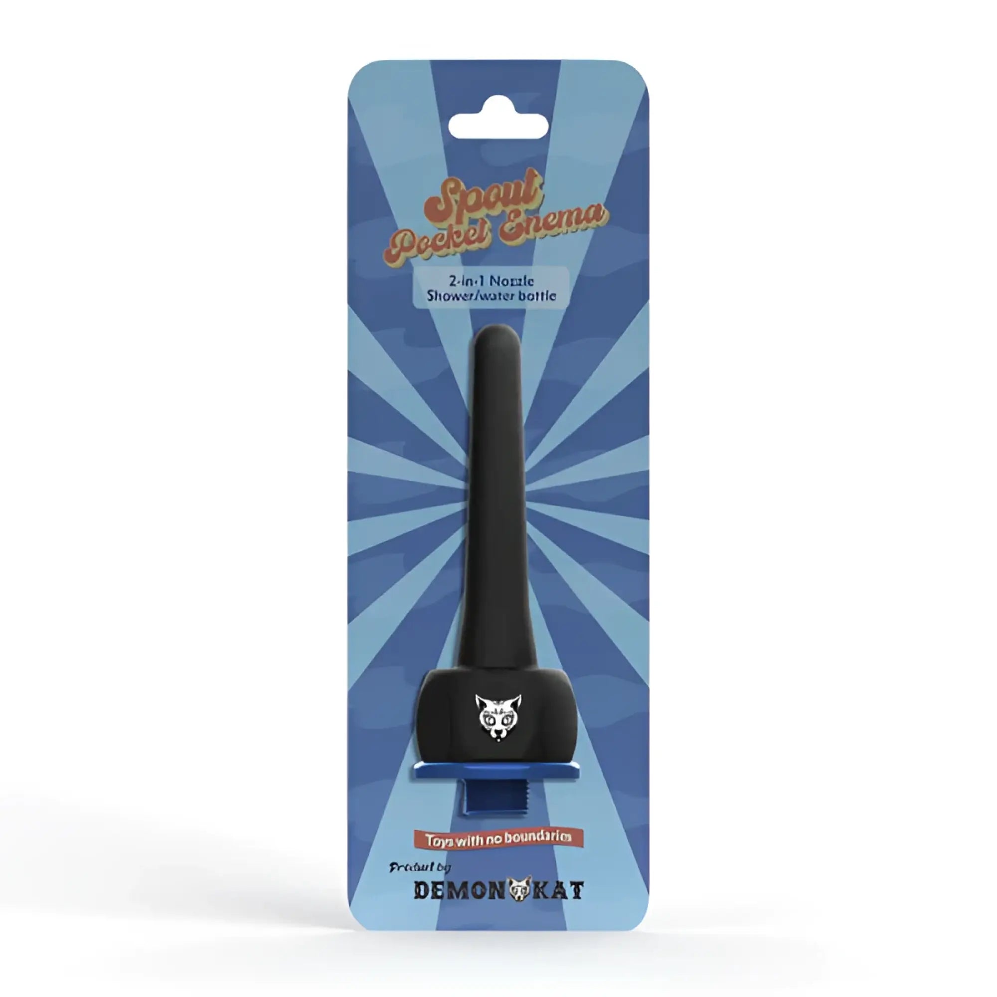 Black plastic 2-in-1 spout pocket enema shower bottle with cat face emblem packaged in blue cardboard box