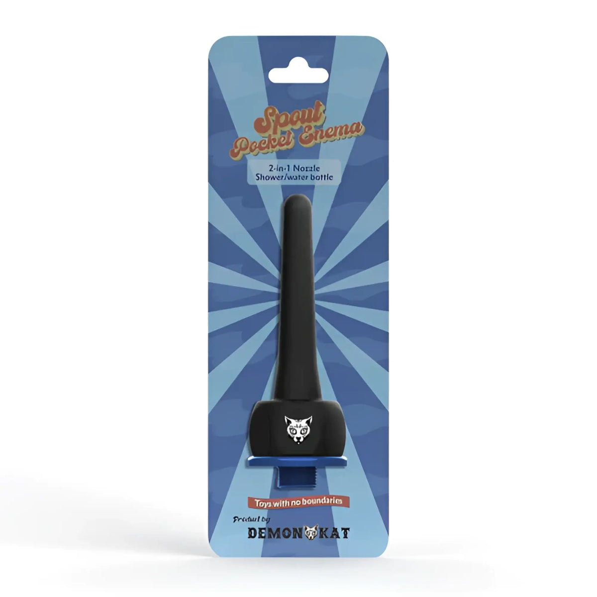 Black plastic 2-in-1 spout pocket enema shower bottle with cat face emblem packaged in blue cardboard box