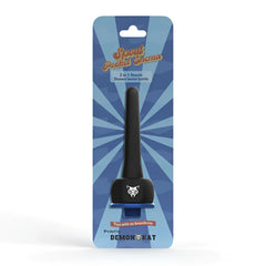 Black plastic 2-in-1 spout pocket enema shower bottle with cat face emblem packaged in blue cardboard box