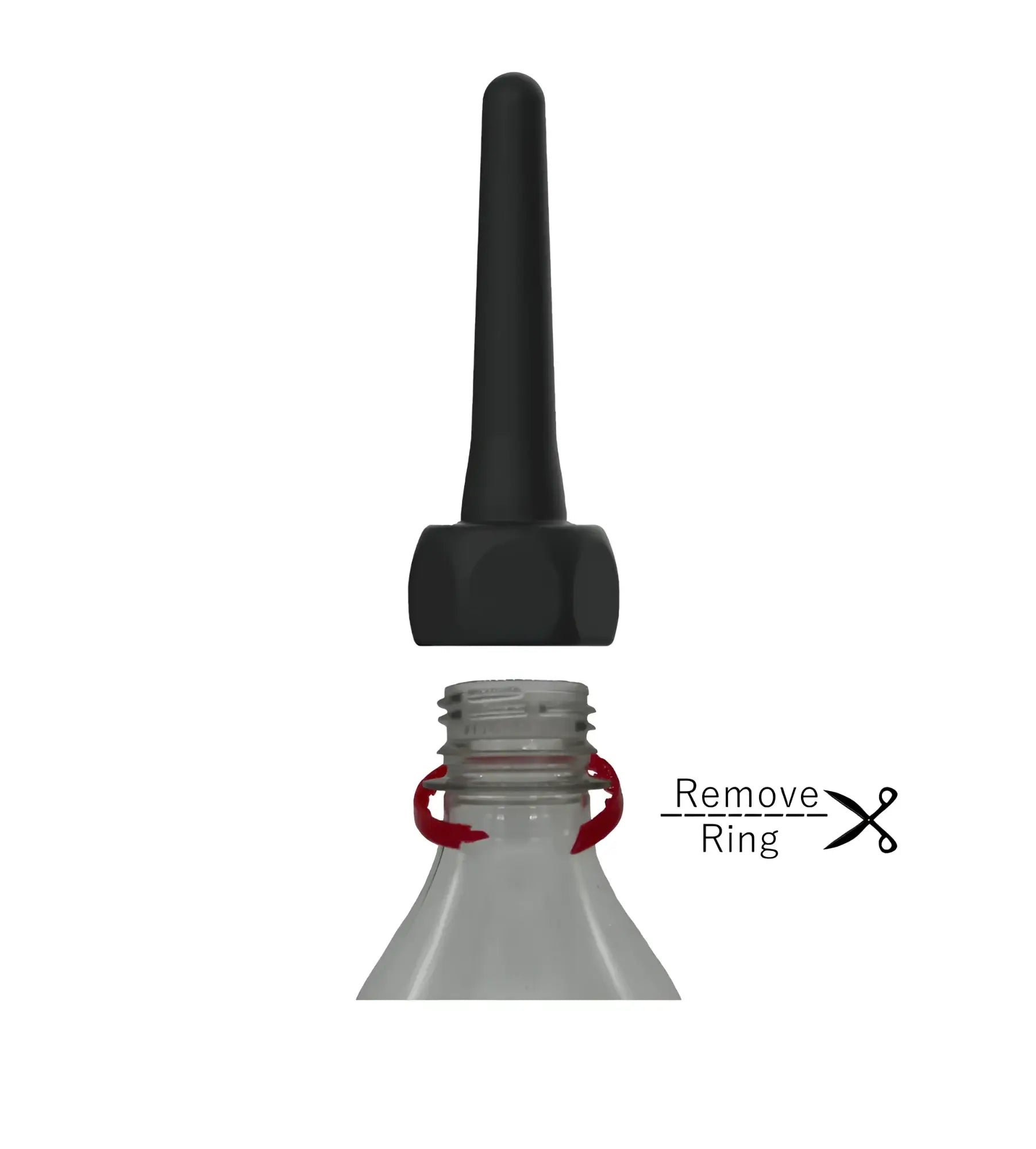 Black plastic spout pocket enema bottle cap with tapered spout and hexagonal base for easy dispensing