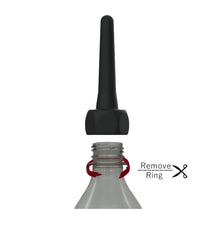 Black plastic spout pocket enema bottle cap with tapered spout and hexagonal base for easy dispensing