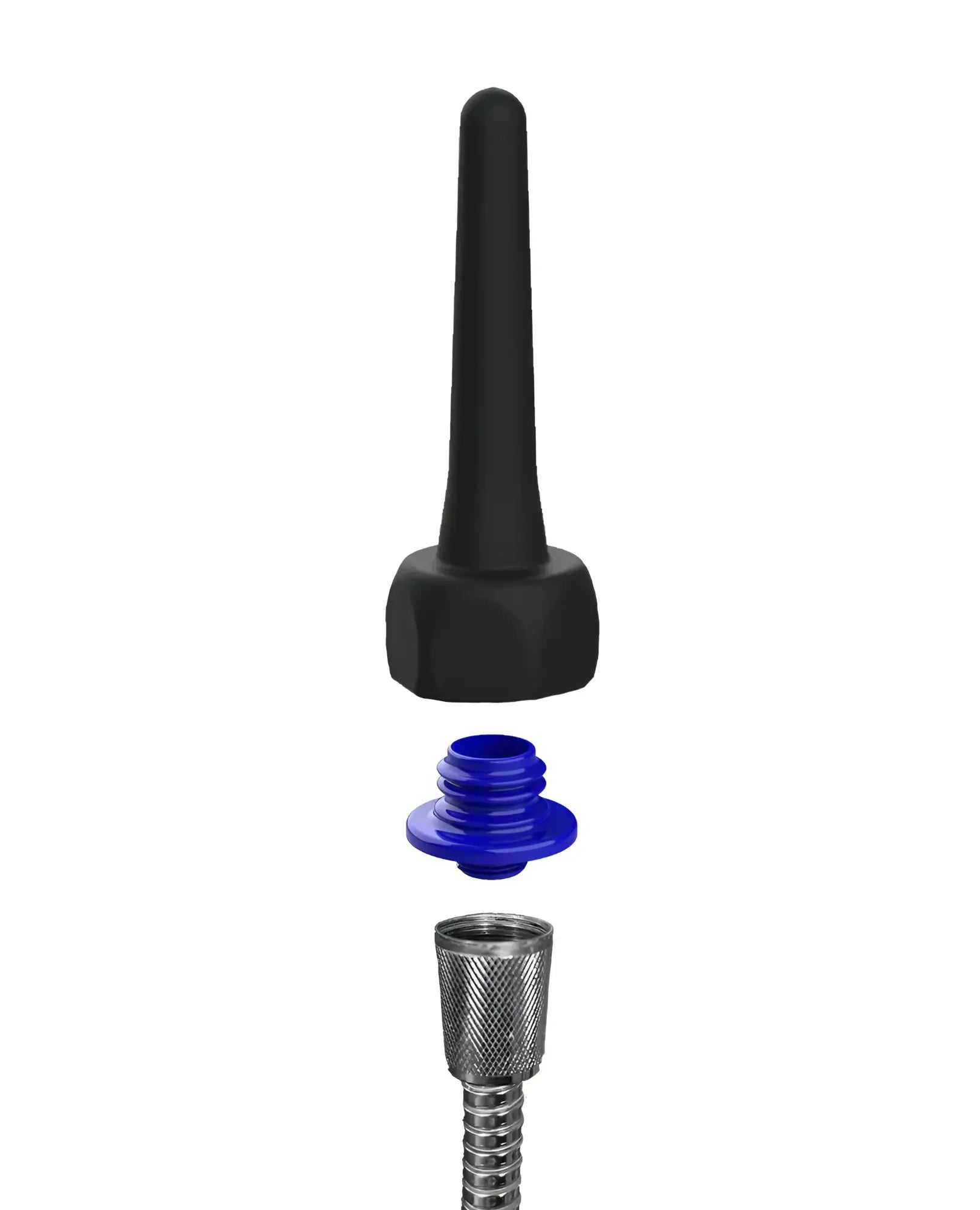 Black rubber nozzle with blue plastic cap and metallic threaded connector for spout pocket enema use