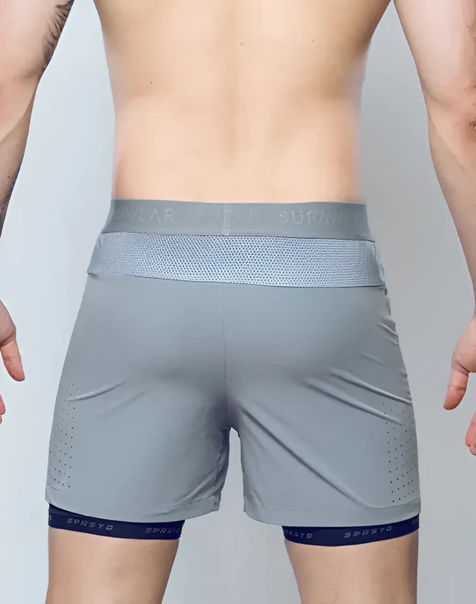Gray sPR flex short athletic shorts with mesh waistband navy blue trim and spreyd branding for active wear