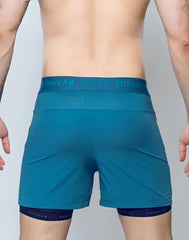 Teal spr flex short athletic shorts with mesh waistband and dark blue trim by supawear for active use