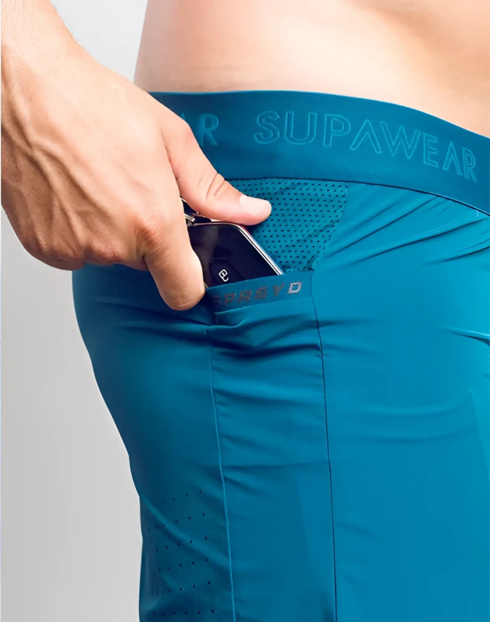 Teal SPR FLEX short supawear athletic shorts with mesh panel and branded waistband for activewear use