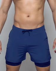 Navy blue spr max short athletic shorts with drawstring waistband and black trim for comfortable activewear