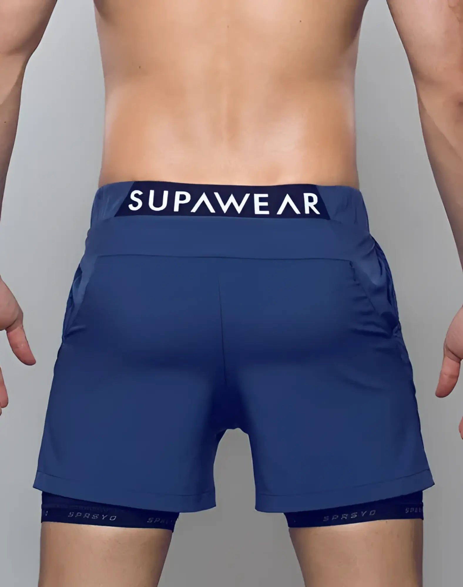Navy blue SPR MAX SHORT athletic shorts with branded waistband and inner lining designed for performance wear