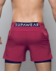 Spr max short red athletic shorts with navy supawear waistband and matching inner compression shorts for sport