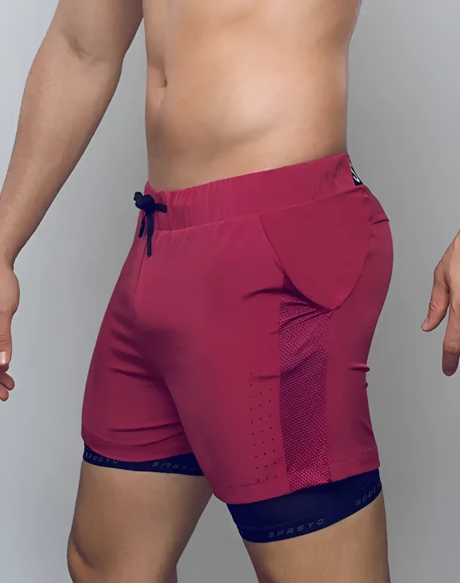Spr max short red athletic shorts with navy blue drawstring mesh paneling and double layer design for performance use
