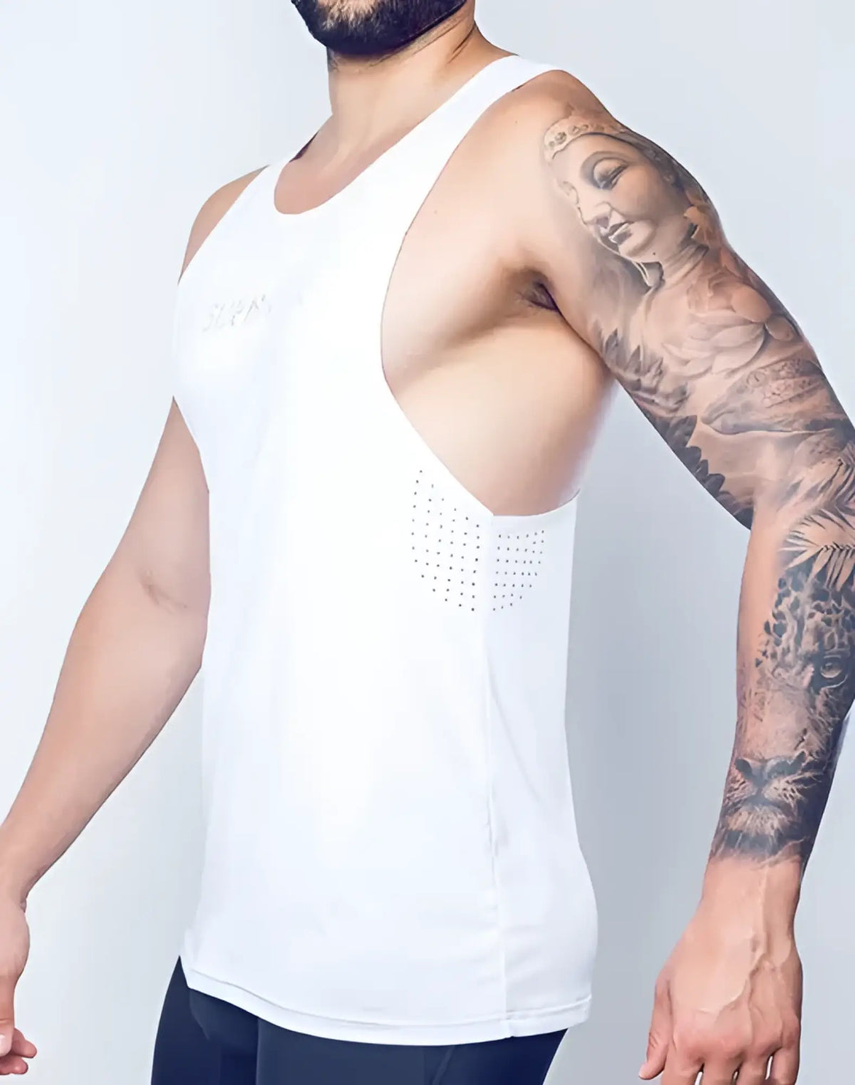 White athletic tank top spr y tank with perforated mesh panel on the side for breathable workout comfort