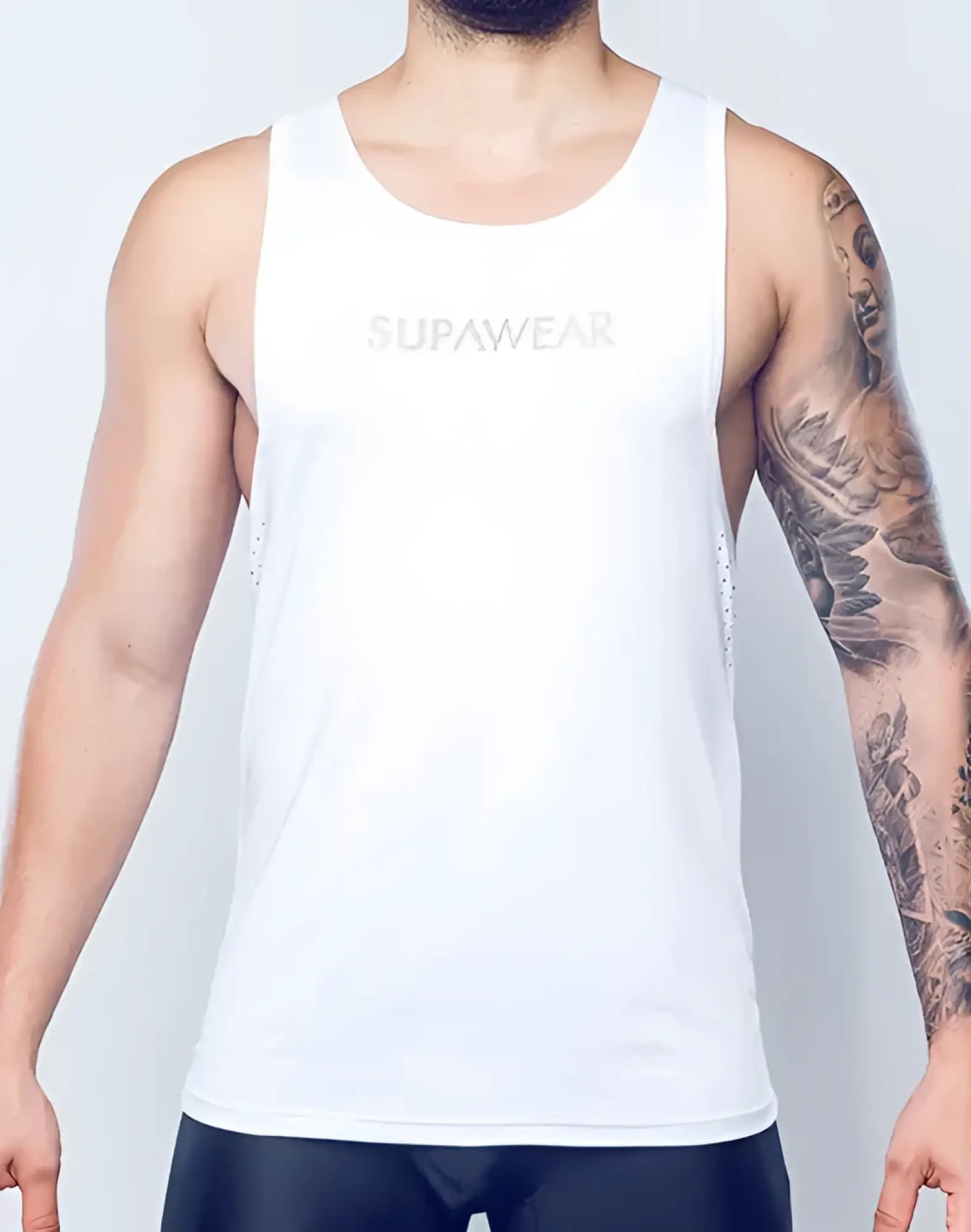 White supawear spr y-tank tank top with subtle mesh detailing on the sides made of breathable fabric