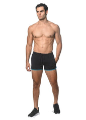 Black sprinter stretch gym shorts with heat weld zippers featuring teal trim along hem and drawstring