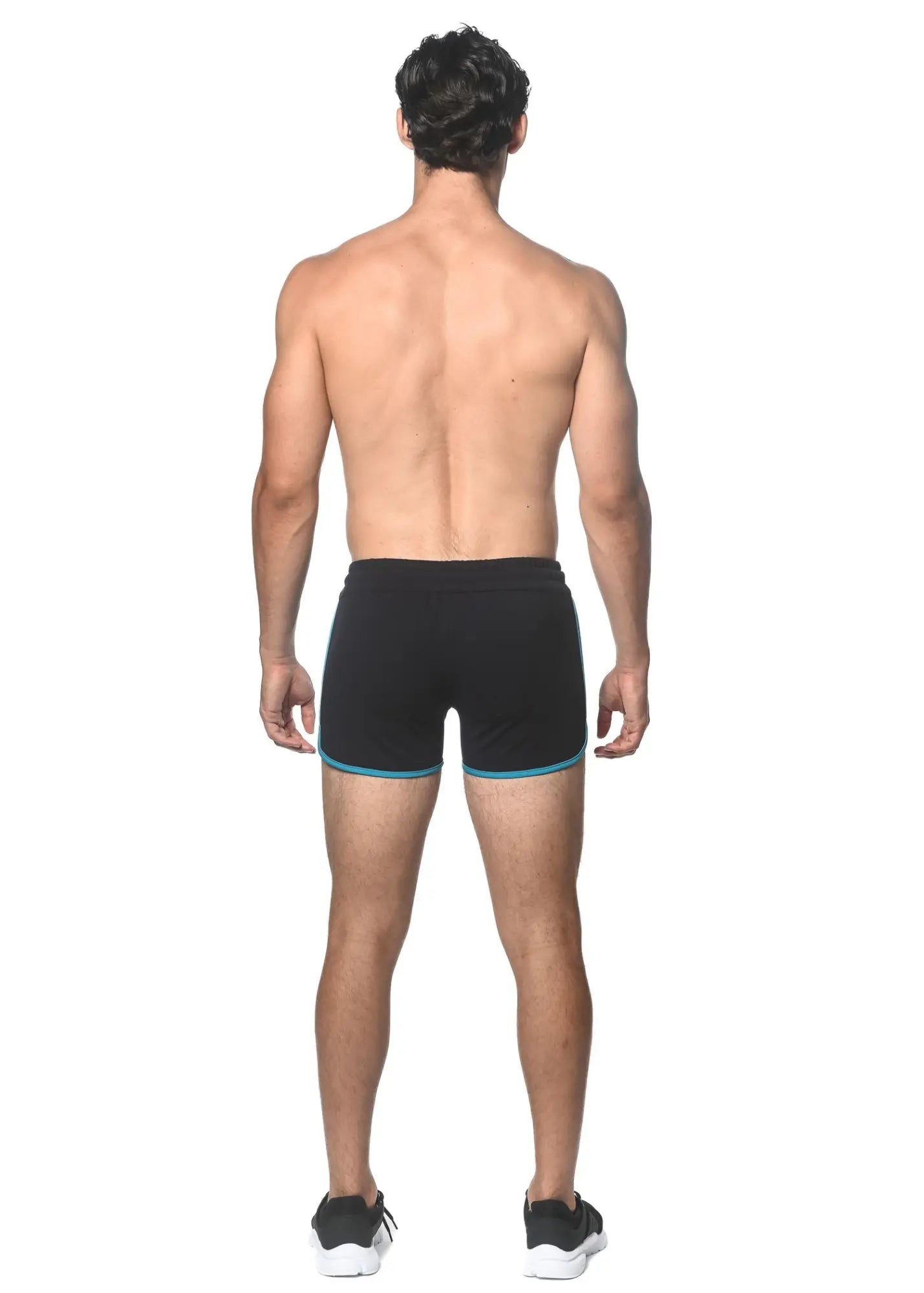 Black sprinter stretch gym shorts with heat weld zippers featuring teal trim on waistband and leg openings