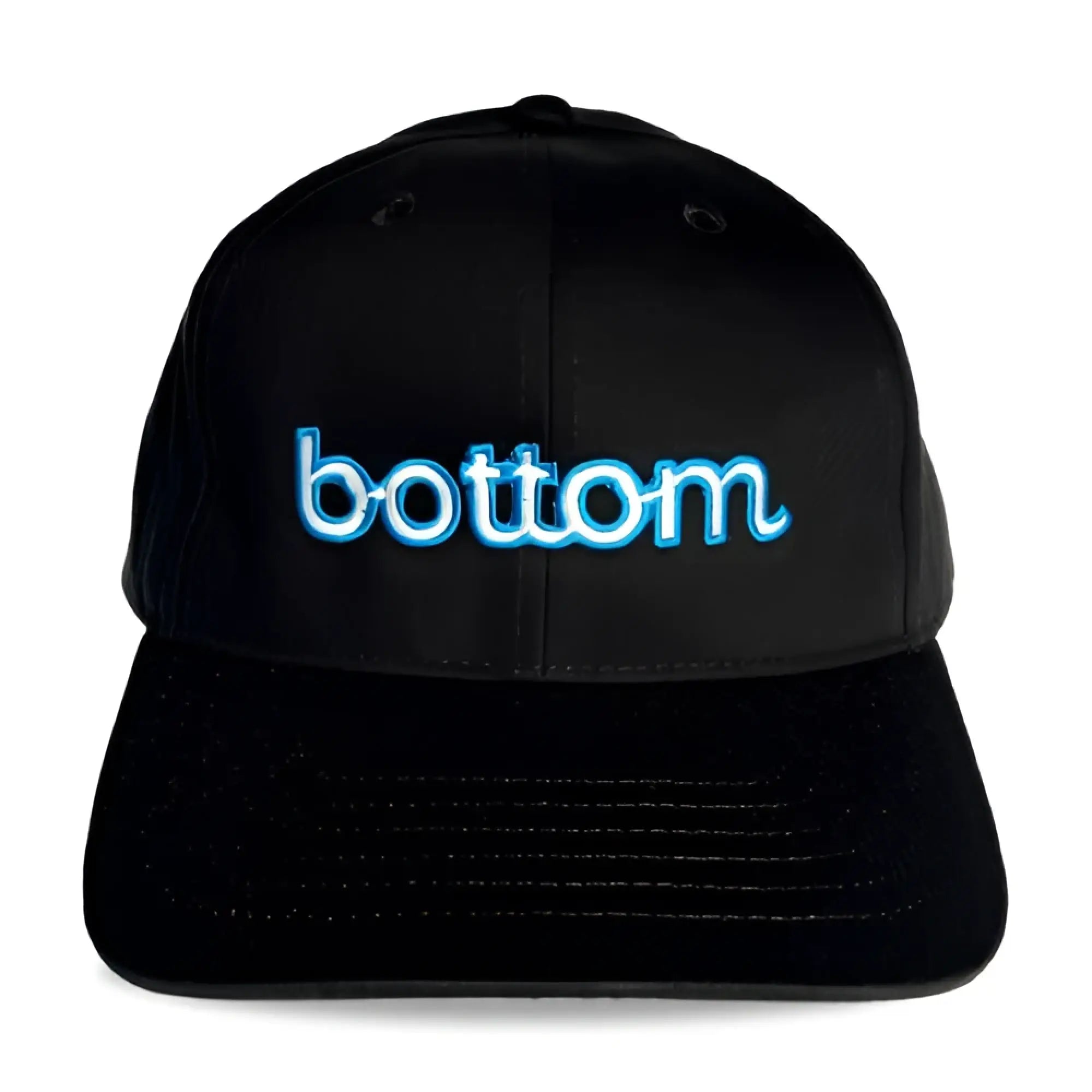 Black Spunky Monkee cap with glowing blue embroidered bottom logo on front panel for casual wear