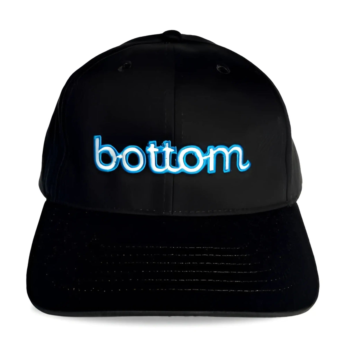 Black Spunky Monkee cap with glowing blue embroidered bottom logo on front panel for casual wear