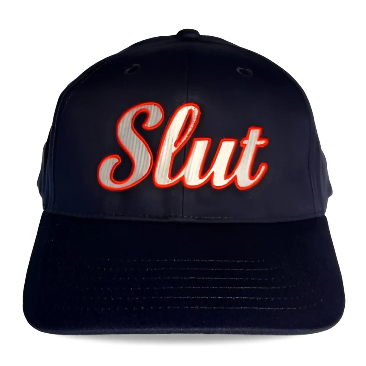 Black cotton spunky monkee cap embroidered with slut in red and white thread on the front panel